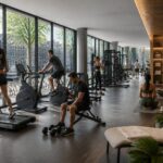 Interior of a modern gym and wellness club with people exercising and relaxing, with windows showing Amsterdam canals and buildings.