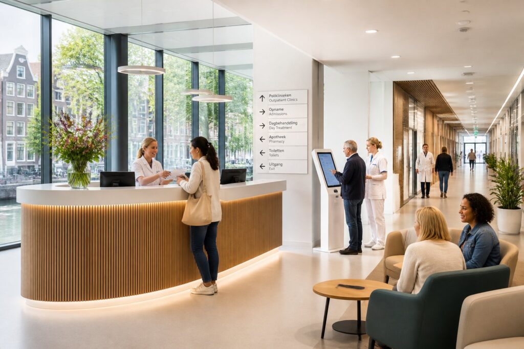 A modern hospital reception area with medical staff assisting patients and visitors in a bright, spacious environment.