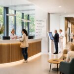 A modern hospital reception area with medical staff assisting patients and visitors in a bright, spacious environment.