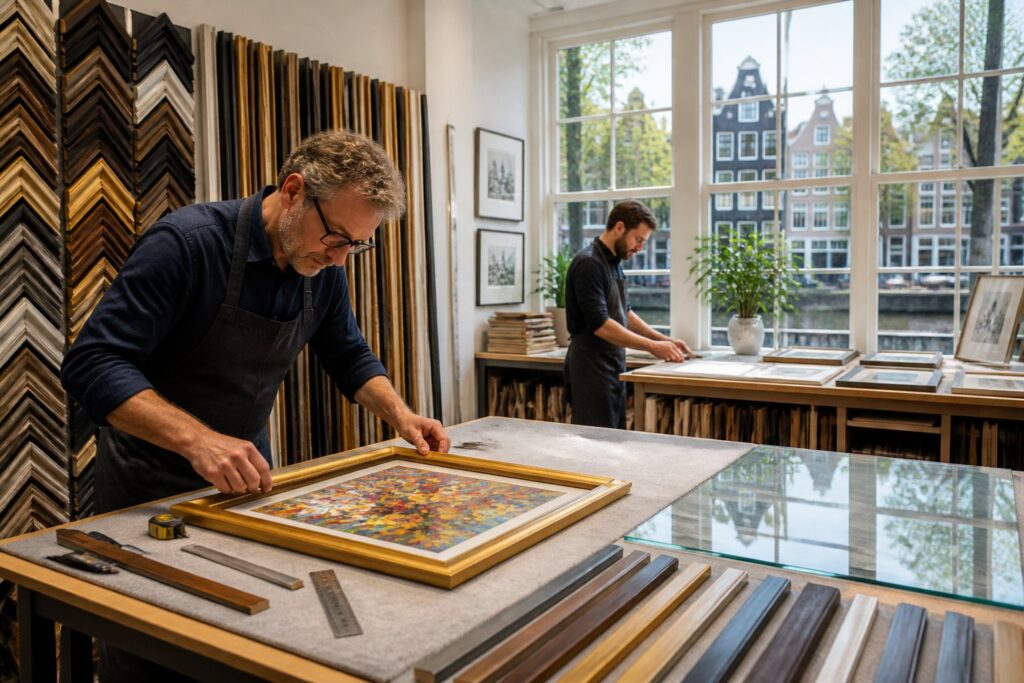 Artisans working in a bright custom framing workshop with various frame samples and tools, with Amsterdam-style buildings visible through the windows.