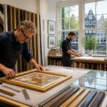Artisans working in a bright custom framing workshop with various frame samples and tools, with Amsterdam-style buildings visible through the windows.