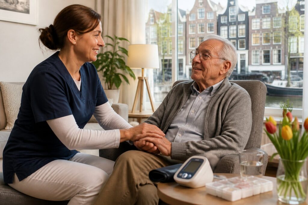 A caregiver gently assisting an elderly man in a bright living room with windows overlooking Amsterdam canal houses.