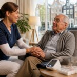 A caregiver gently assisting an elderly man in a bright living room with windows overlooking Amsterdam canal houses.
