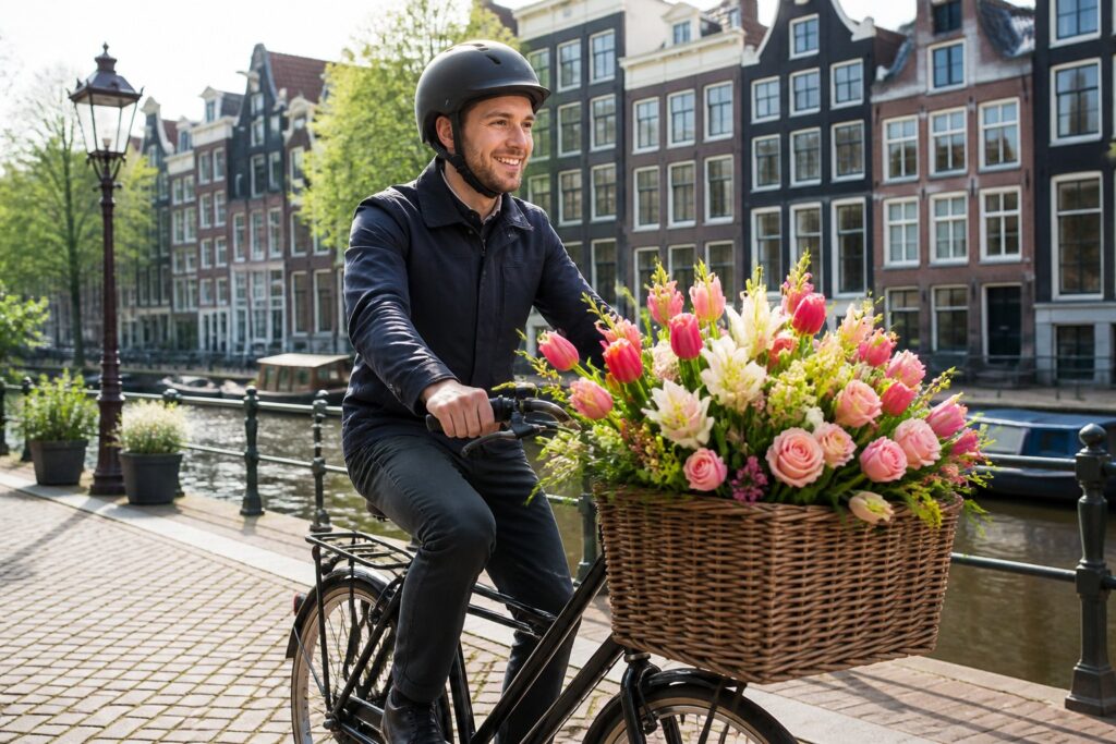 A delivery person on a bicycle carrying a basket full of fresh flowers in front of Amsterdam canal houses.