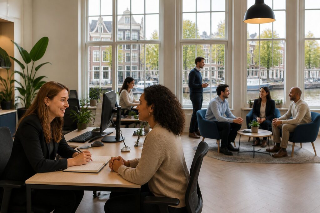 A bright office in Amsterdam with professionals interacting and large windows showing canals and historic buildings outside.