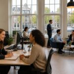 A bright office in Amsterdam with professionals interacting and large windows showing canals and historic buildings outside.