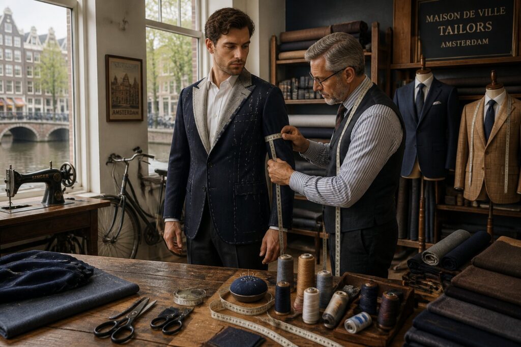 A tailor measuring a customer for a suit alteration in a workshop with sewing tools and mannequins dressed in suits.