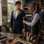 A tailor measuring a customer for a suit alteration in a workshop with sewing tools and mannequins dressed in suits.