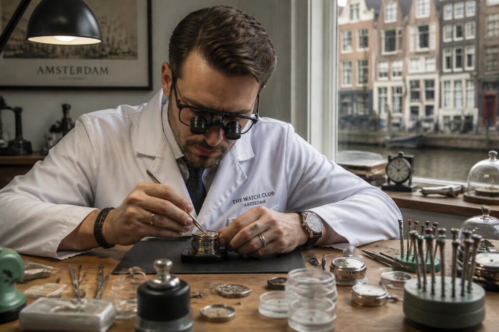 A watchmaker repairing a wristwatch at a workbench with precision tools in a bright workshop.