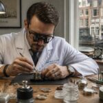 A watchmaker repairing a wristwatch at a workbench with precision tools in a bright workshop.