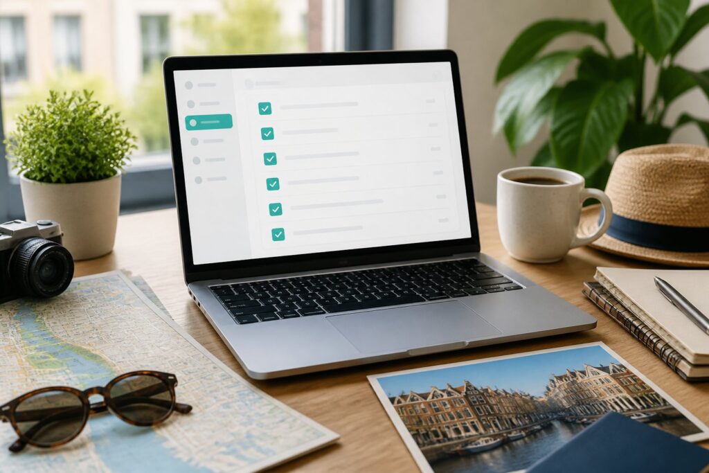 A laptop on a wooden desk showing a checklist interface surrounded by travel items including a map, sunglasses, coffee cup, and a plant.