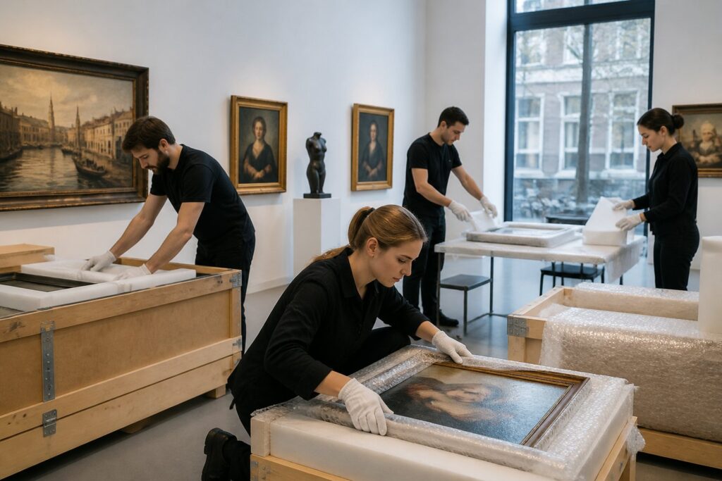 Art handlers carefully packing and preparing artworks for transport in a modern gallery.
