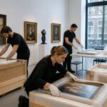 Art handlers carefully packing and preparing artworks for transport in a modern gallery.