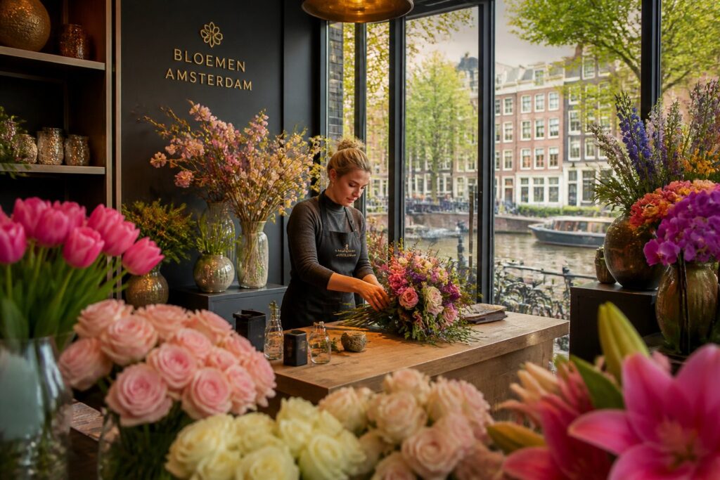 A florist arranging a bouquet inside a flower shop with fresh flowers and a view of Amsterdam canal and buildings outside.