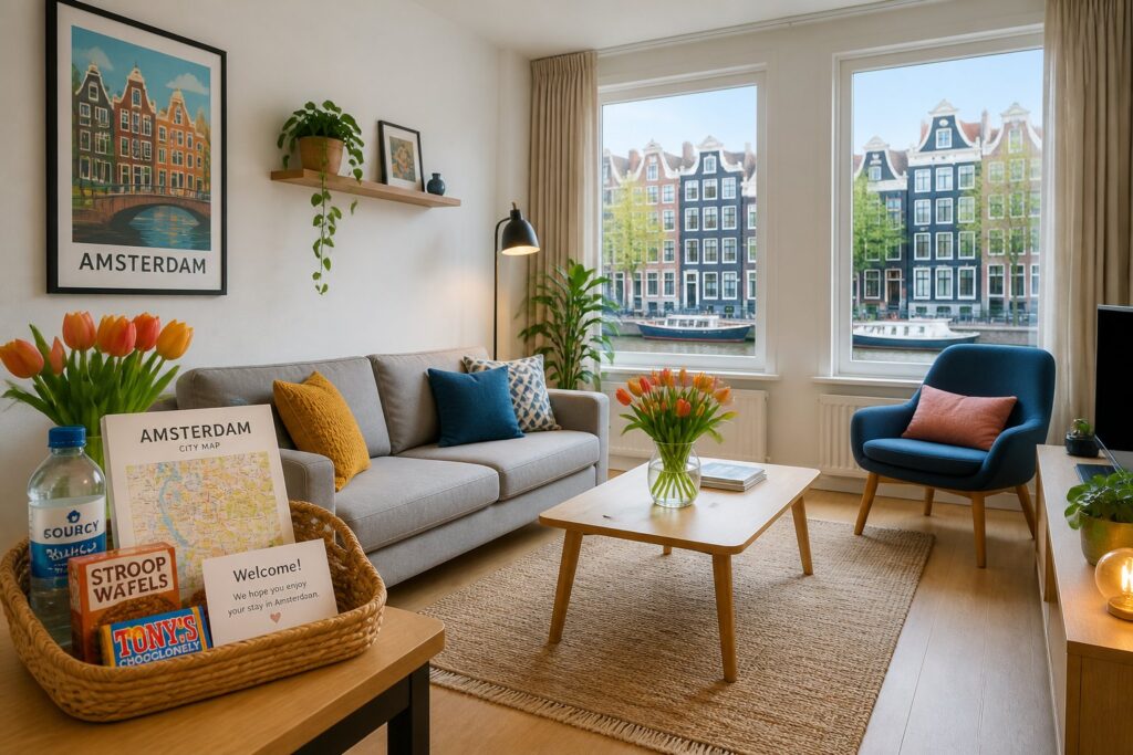 A clean and inviting living room in an Amsterdam apartment with a sofa, coffee table, fresh flowers, and a window showing canal houses outside.