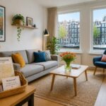 A clean and inviting living room in an Amsterdam apartment with a sofa, coffee table, fresh flowers, and a window showing canal houses outside.