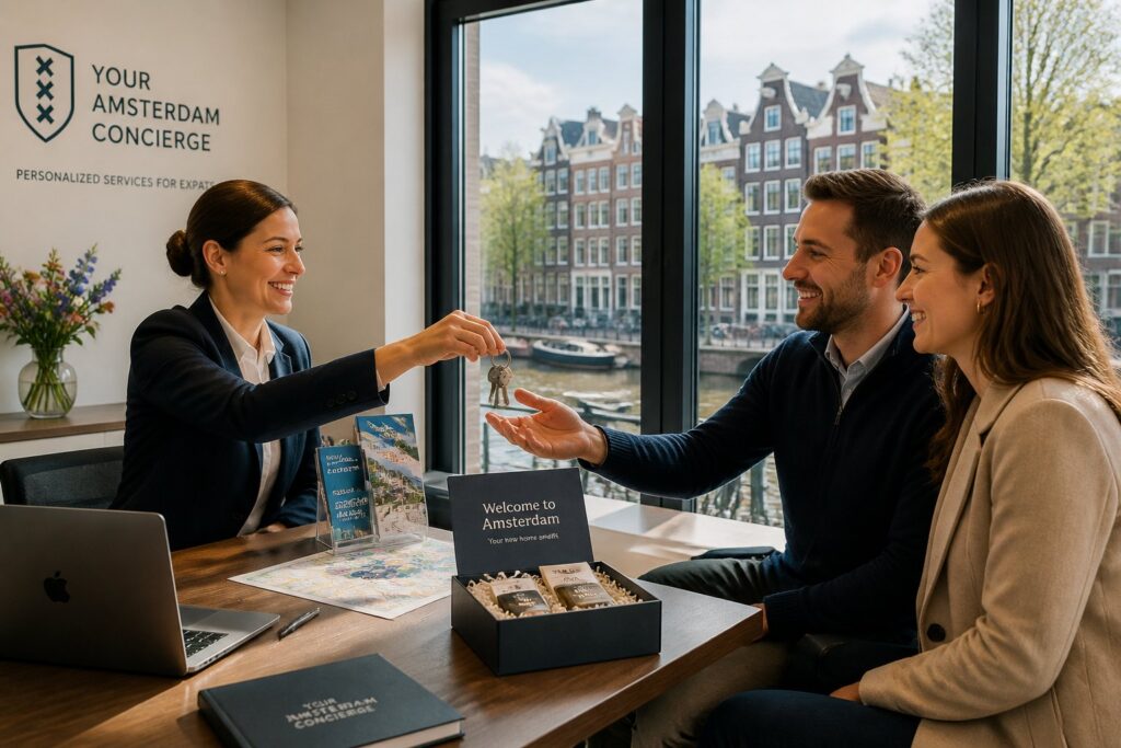 A concierge helping an expat couple in a modern office with a view of Amsterdam canals and buildings.