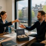 A concierge helping an expat couple in a modern office with a view of Amsterdam canals and buildings.
