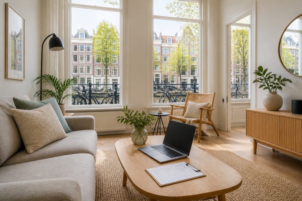 A bright living room in an Amsterdam Airbnb with large windows showing canal houses and bicycles outside.