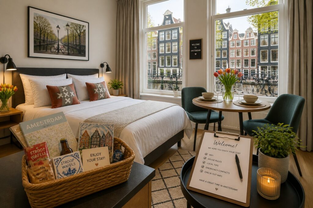 A tidy apartment interior with a made bed, dining table with flowers, a welcome basket, and a view of Amsterdam canal houses outside the window.