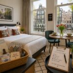 A tidy apartment interior with a made bed, dining table with flowers, a welcome basket, and a view of Amsterdam canal houses outside the window.