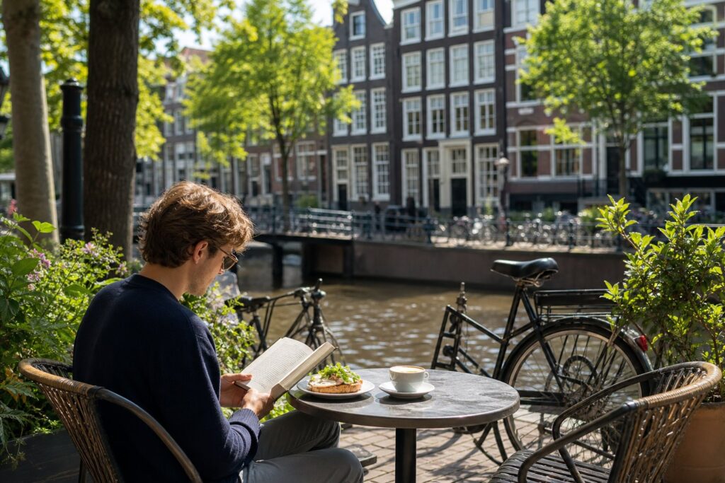 A person sitting alone at an outdoor café table by a canal in Amsterdam, reading a book and having lunch.