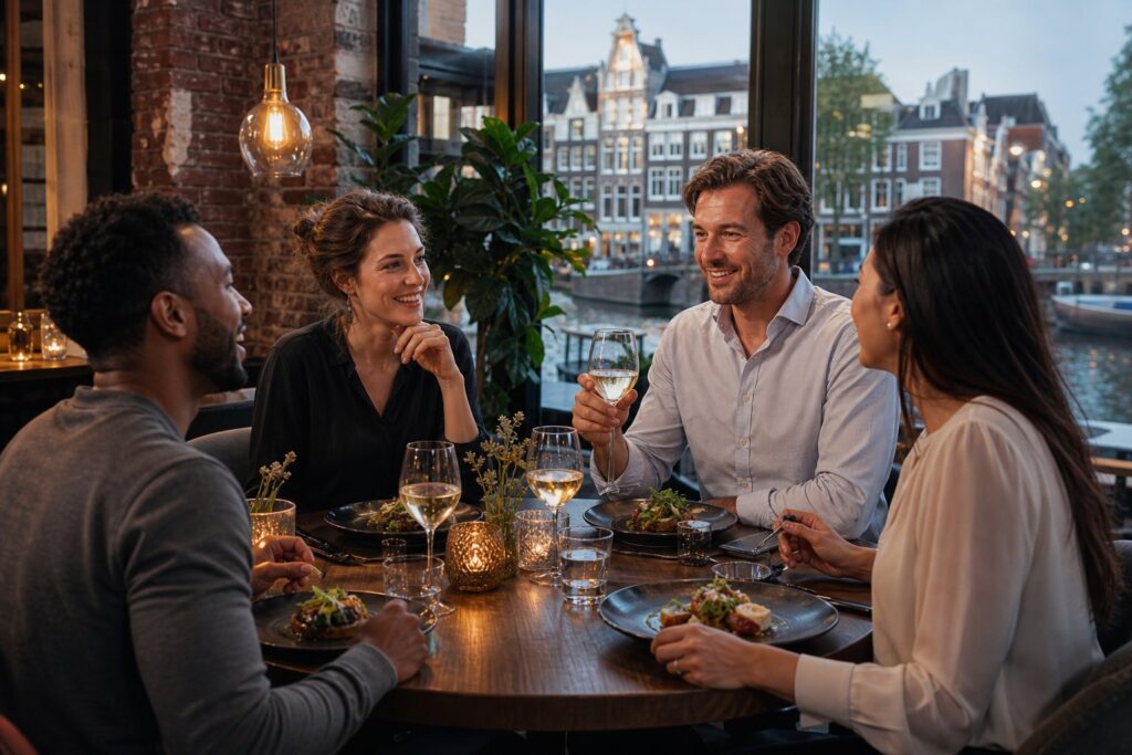 Four business professionals enjoying a relaxed dinner together in a restaurant with views of Amsterdam canals.