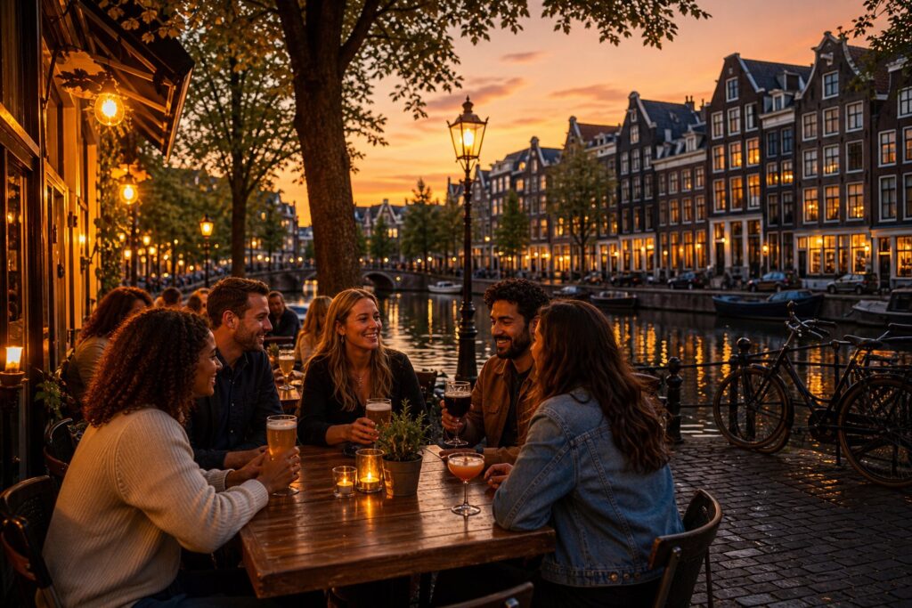 People enjoying drinks together at an outdoor bar terrace by a canal in Amsterdam during sunset.