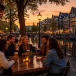 People enjoying drinks together at an outdoor bar terrace by a canal in Amsterdam during sunset.