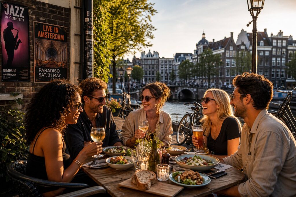 People dining outdoors at a café by a canal in Amsterdam with traditional buildings in the background.