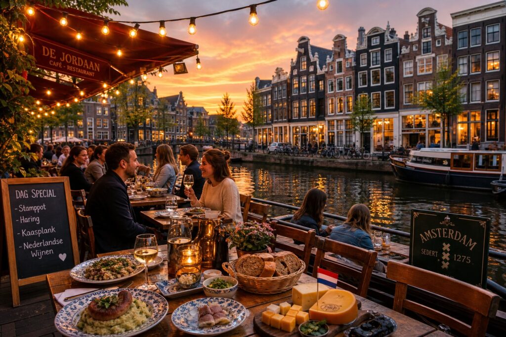 People dining outdoors at a canal-side restaurant in Amsterdam with traditional buildings and water in the background during sunset.