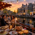 People dining outdoors at a canal-side restaurant in Amsterdam with traditional buildings and water in the background during sunset.
