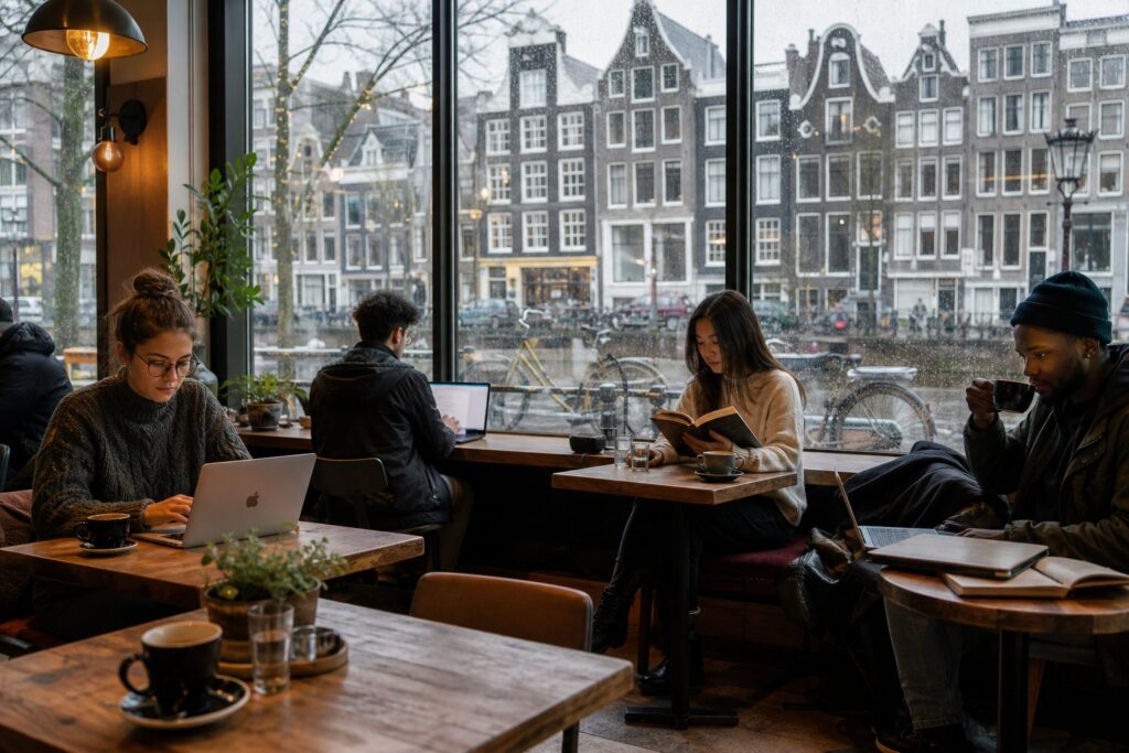 People working and relaxing inside a café in Amsterdam while rain falls outside the windows.