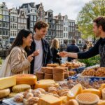 Outdoor food market in Amsterdam with traditional Dutch cheeses, pastries, and canal houses in the background, people interacting around food stalls.