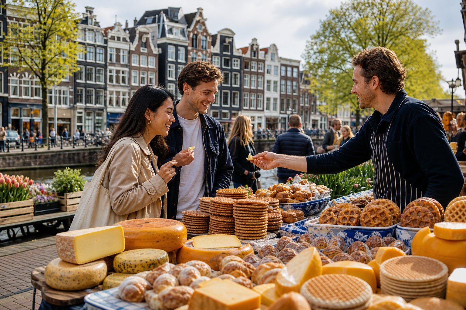 Outdoor food market in Amsterdam with traditional Dutch cheeses, pastries, and canal houses in the background, people interacting around food stalls.