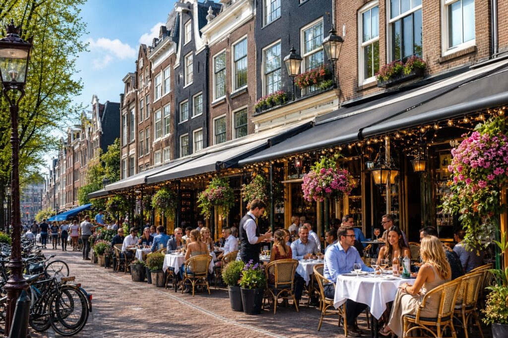 Street view of Dutch canal houses with outdoor seating at restaurants and people dining on a sunny day.