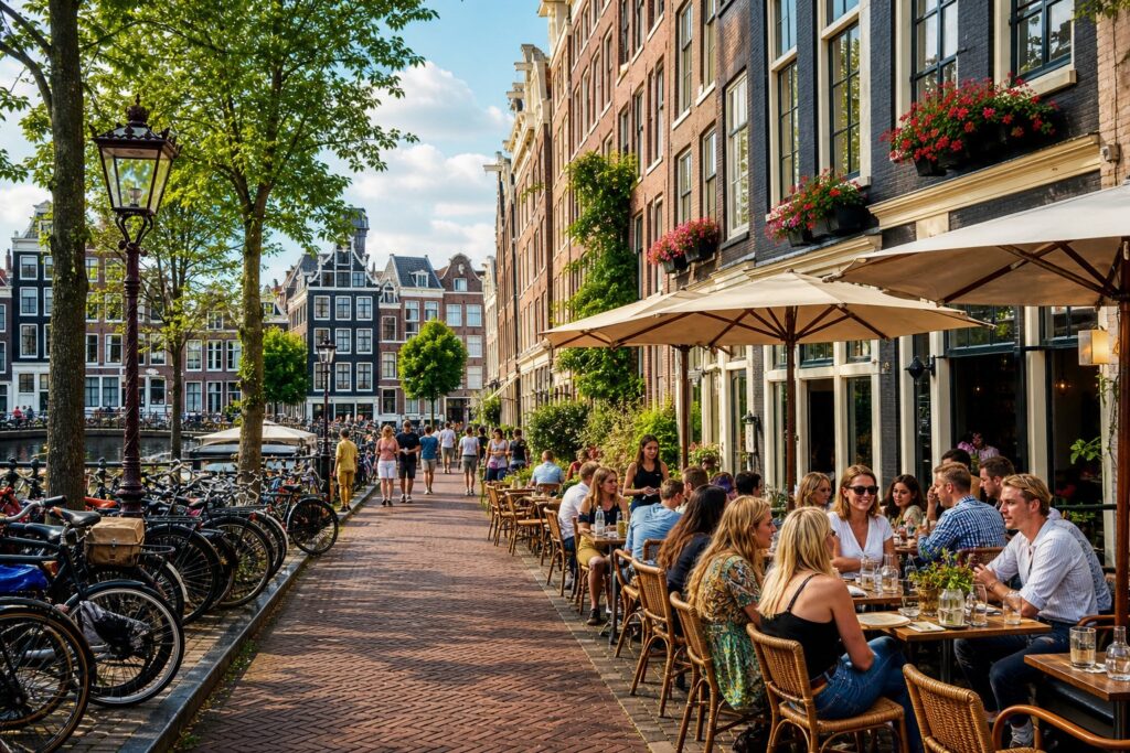 Outdoor scene of people dining at cafés along a street with traditional Amsterdam buildings and bicycles.