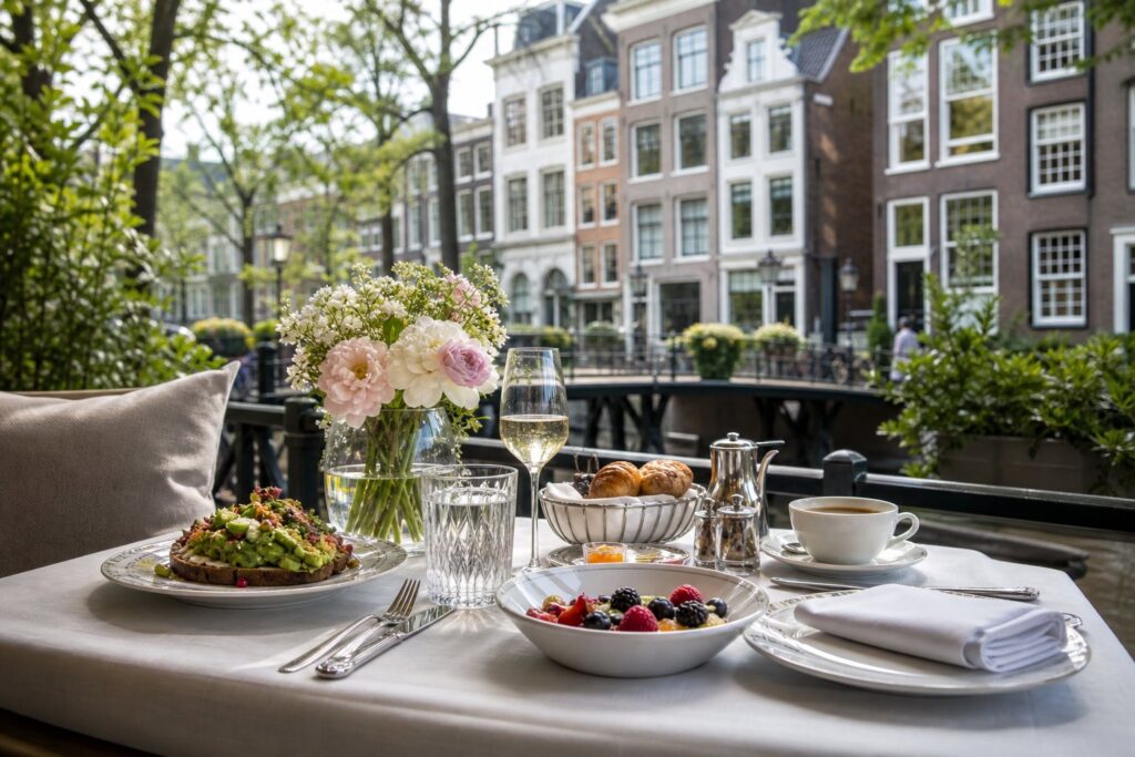 An outdoor brunch table set with elegant dishes and drinks in a quiet Amsterdam street with classic buildings and greenery.