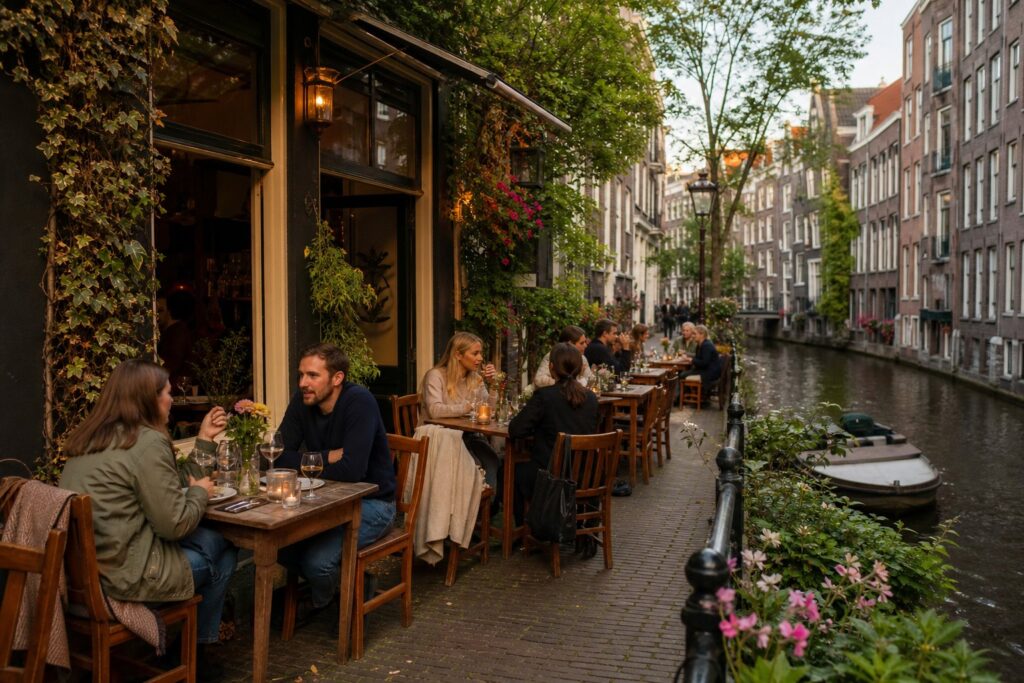 Outdoor seating area of a cozy Amsterdam restaurant by a canal with people dining and traditional buildings in the background.