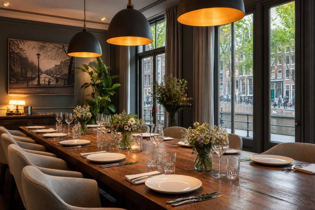 A private dining room with a long table set for a team dinner, overlooking Amsterdam canals through large windows.