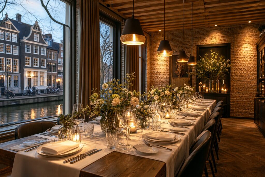 A private dining room in Amsterdam with a long wooden table set for dinner, large windows showing canal houses outside, warm lighting, and elegant decor.