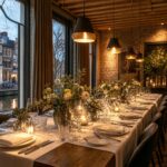 A private dining room in Amsterdam with a long wooden table set for dinner, large windows showing canal houses outside, warm lighting, and elegant decor.