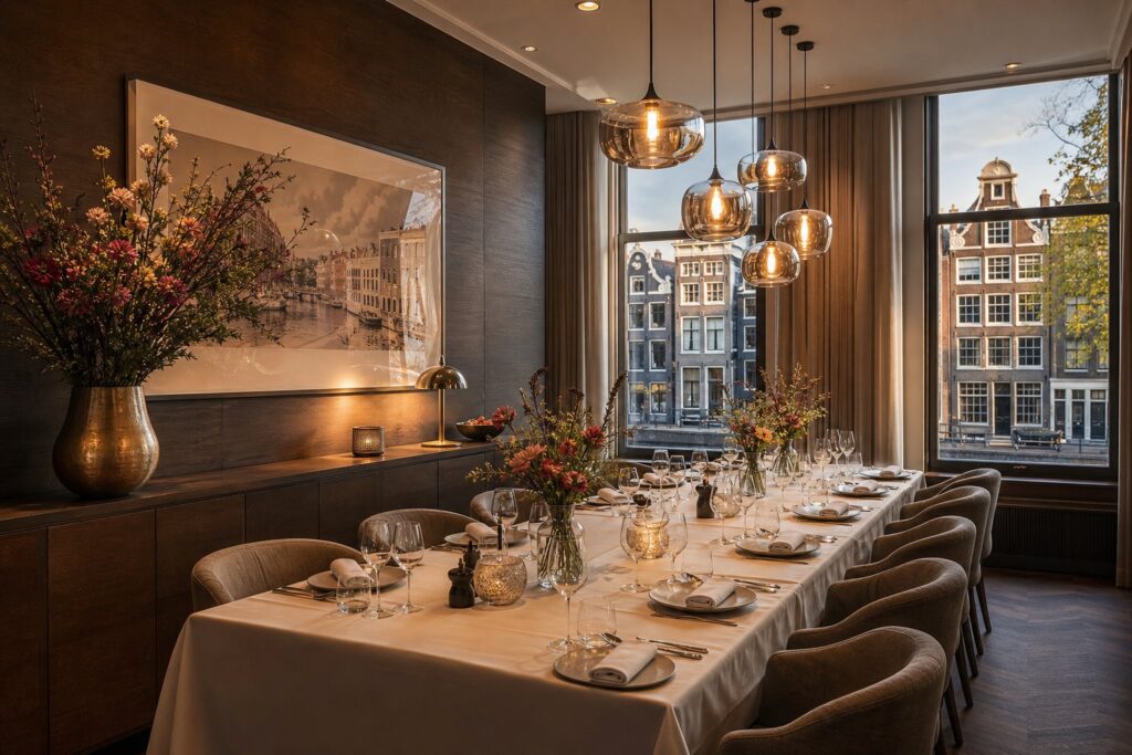 A private dining room with a long table set for a meal, large windows showing Amsterdam canal houses outside.