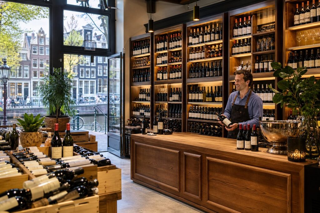 Interior of a premium wine shop in Amsterdam with wooden shelves filled with various wine bottles and a shop assistant behind the counter.
