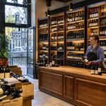Interior of a premium wine shop in Amsterdam with wooden shelves filled with various wine bottles and a shop assistant behind the counter.