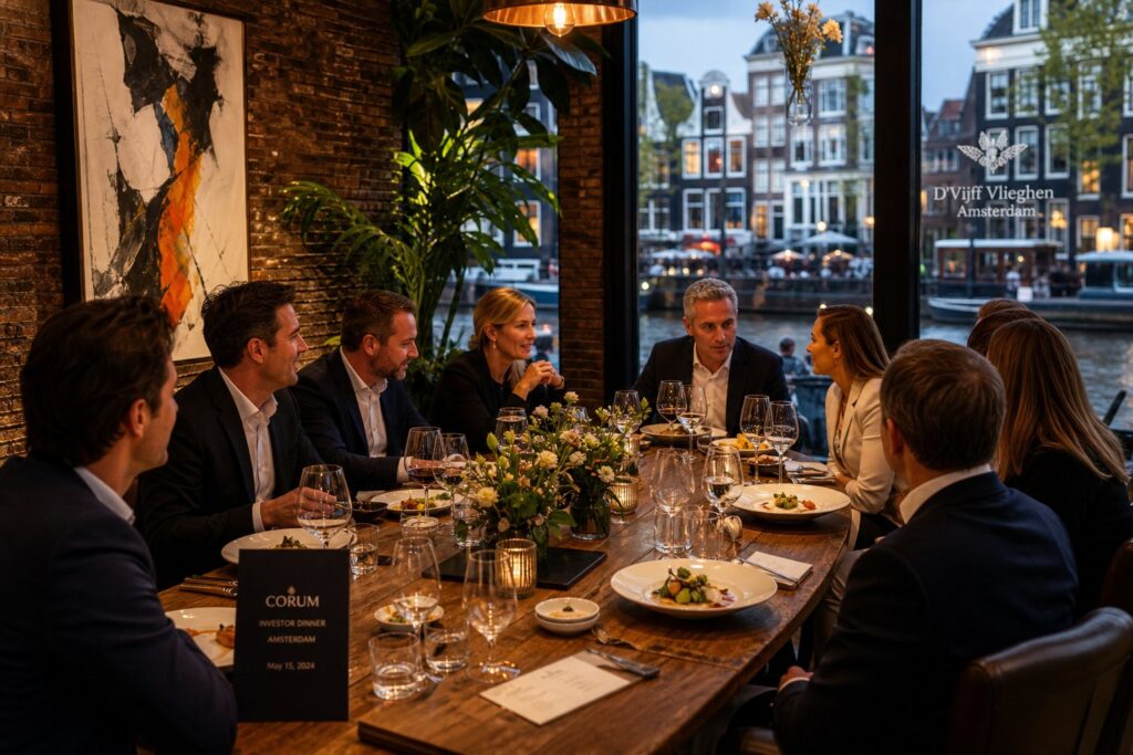 Business professionals having dinner together at a stylish restaurant with canal views in Amsterdam.