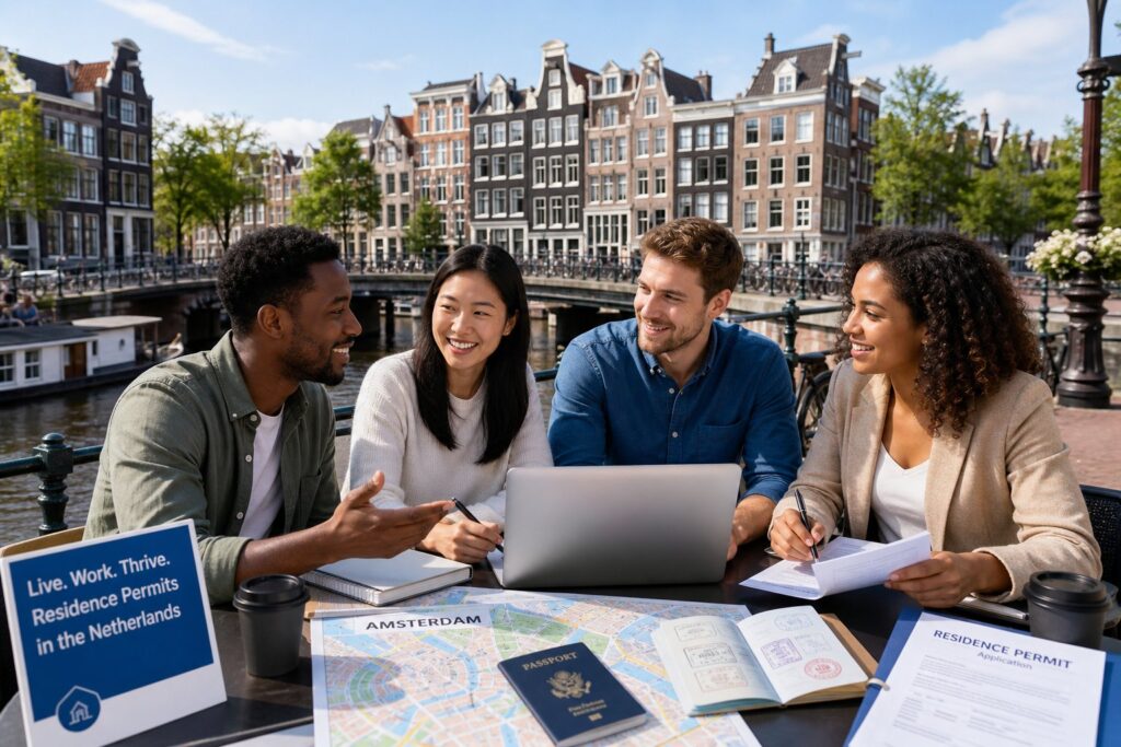 A group of young professionals discussing work near Amsterdam canals with traditional houses in the background.