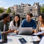 A group of young professionals discussing work near Amsterdam canals with traditional houses in the background.