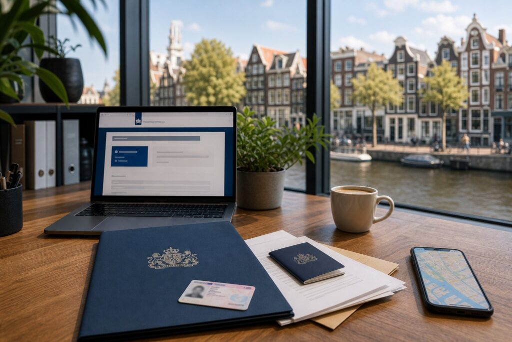 A workspace with a laptop, documents, smartphone showing a map, and a view of Amsterdam canals and houses through a window.