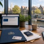 A workspace with a laptop, documents, smartphone showing a map, and a view of Amsterdam canals and houses through a window.